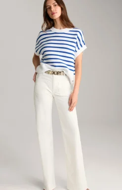 Baumwoll-Strickpullover in Blau/Weiß gestreift