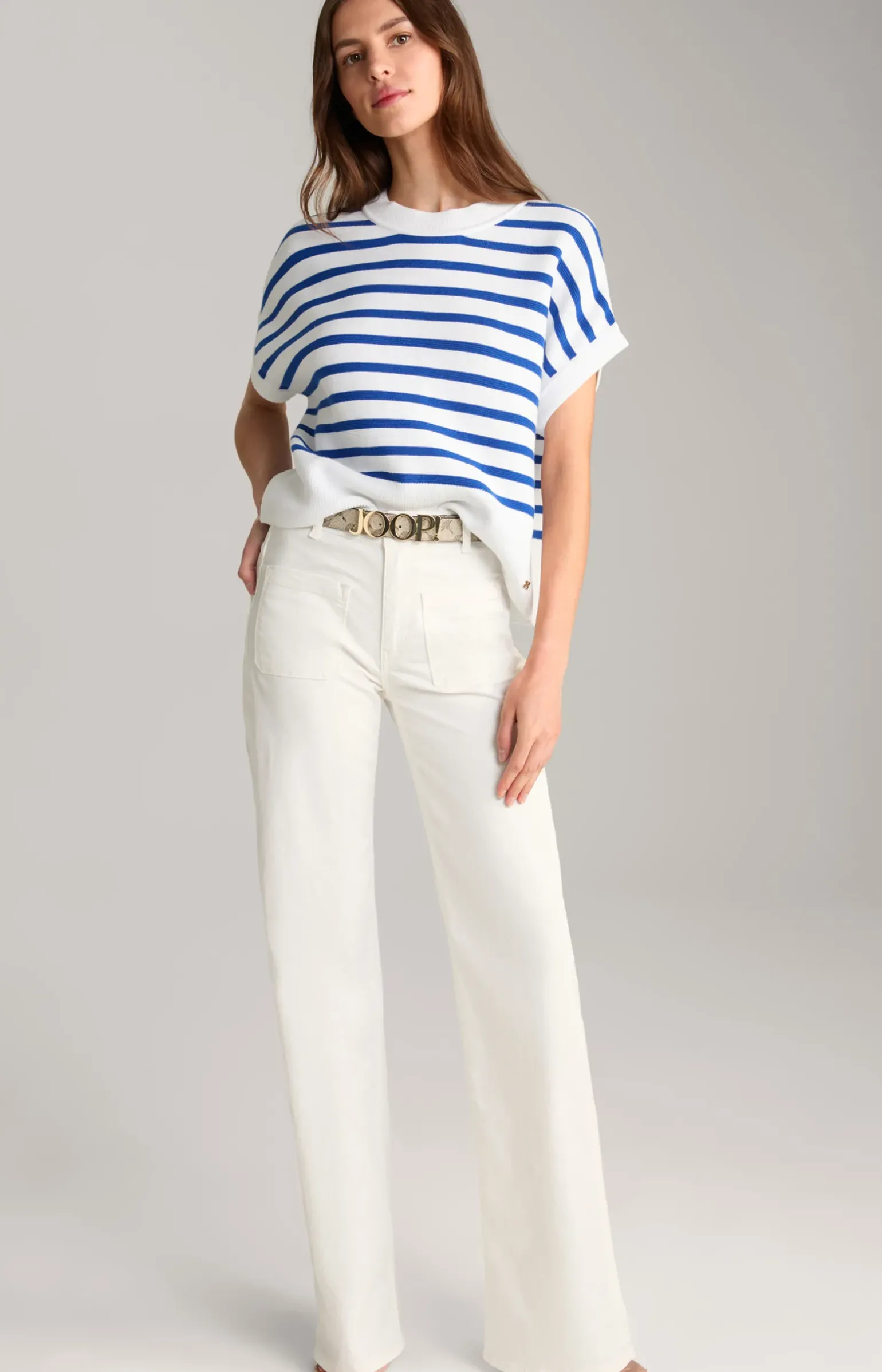 Baumwoll-Strickpullover in Blau/Weiß gestreift