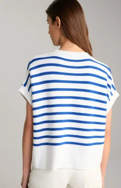 Baumwoll-Strickpullover in Blau/Weiß gestreift