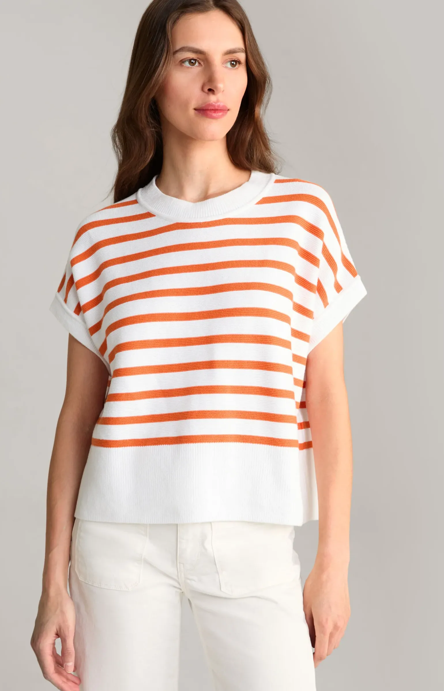 Baumwoll-Strickpullover in Orange/Weiß gestreift