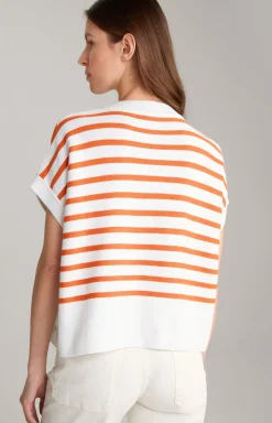 Baumwoll-Strickpullover in Orange/Weiß gestreift