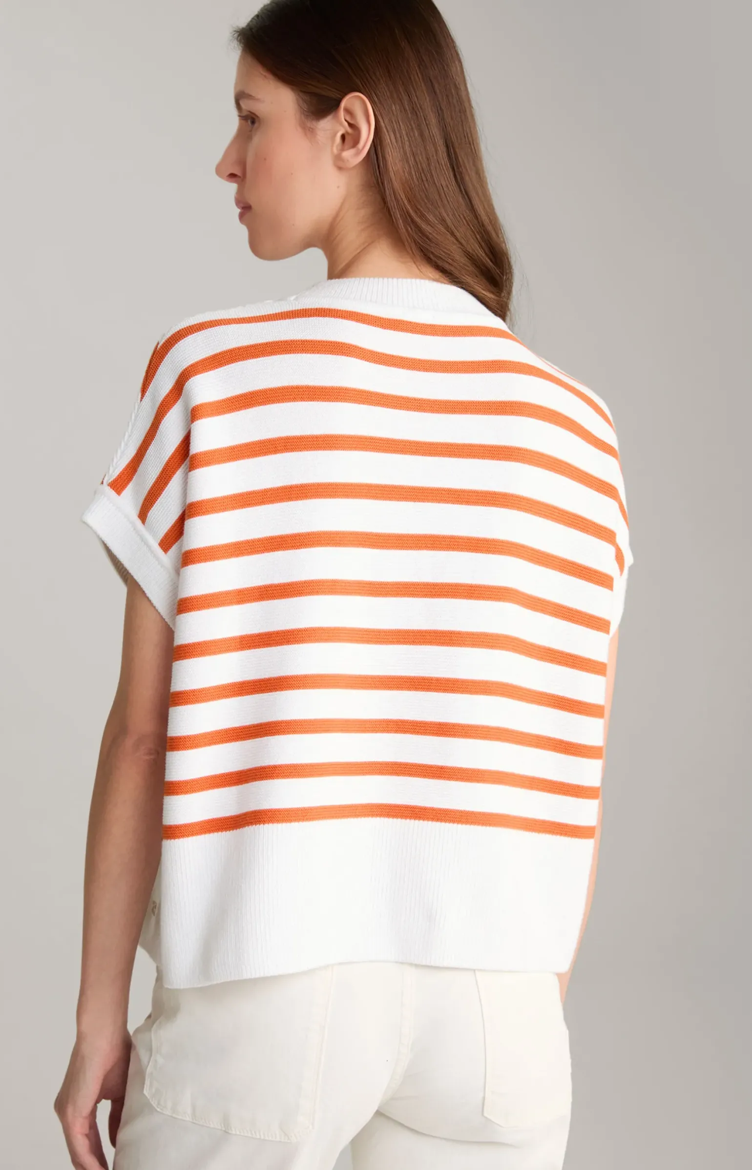Baumwoll-Strickpullover in Orange/Weiß gestreift