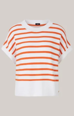 Baumwoll-Strickpullover in Orange/Weiß gestreift