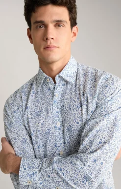 Leinenmix-Hemd Hanson in Blau/Weiß gemustert