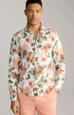 Leinenmix-Hemd Pai in Weiß/Oliv/Rostrot gemustert