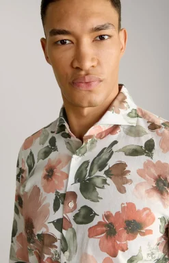 Leinenmix-Hemd Pai in Weiß/Oliv/Rostrot gemustert