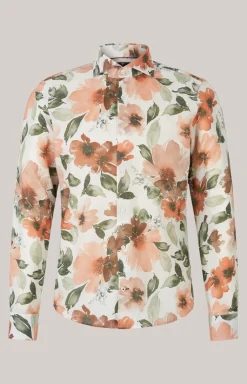 Leinenmix-Hemd Pai in Weiß/Oliv/Rostrot gemustert