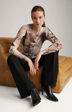 Mesh-Langarm-Shirt in Offwhite/Schwarz