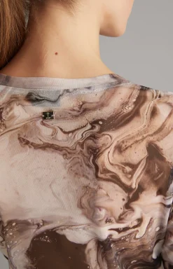 Mesh-Langarm-Shirt in Offwhite/Schwarz