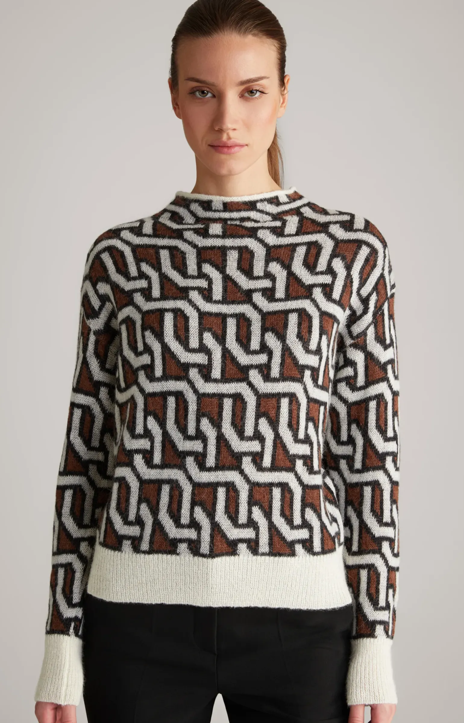 Strick-Pullover in Creme/Braun/Schwarz gemustert