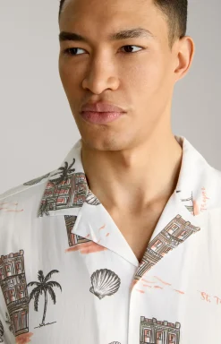 Viskose-Hemd Kawai in Offwhite/Braun/Rot gemustert