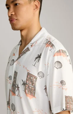 Viskose-Hemd Kawai in Offwhite/Braun/Rot gemustert