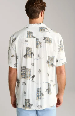 Viskose-Hemd Kawai in Offwhite/Blau/Gelb gemustert