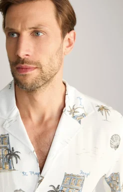 Viskose-Hemd Kawai in Offwhite/Blau/Gelb gemustert